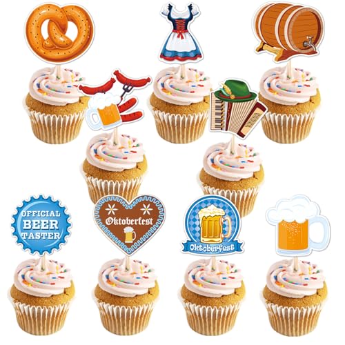 Imoncom Oktoberfest Cupcake Topper Set, Bierfest Deko mit Dirndl, Brezel, Bierkrug Motiven, Party Tortendekoration von Imoncom