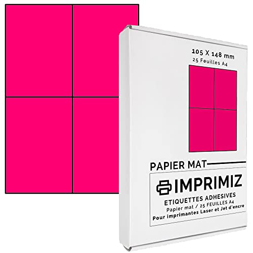 100 selbstklebende Etiketten Neonpink von 105 x 148,5 mm - 4 Etiketten/Blatt - 25 Blatt A4 / Papier matt - Farbe - Für Inkjet/Laser/Kopier Drucker - Etiketten farbig von Imprimiz