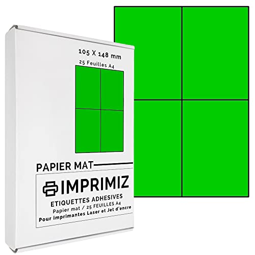 100 selbstklebende Etiketten neon grün von 105 x 148,5 mm - 4 Etiketten/Blatt - 25 Blatt A4 / Papier matt - Farbe - Für Inkjet/Laser/Kopier Drucker - Etiketten farbig von Imprimiz
