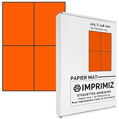 100 selbstklebende Etiketten neon orange von 105 x 148,5 mm - 4 Etiketten/Blatt - 25 Blatt A4 / Papier matt - Farbe - Für Inkjet/Laser/Kopier Drucker - Etiketten farbig von Imprimiz
