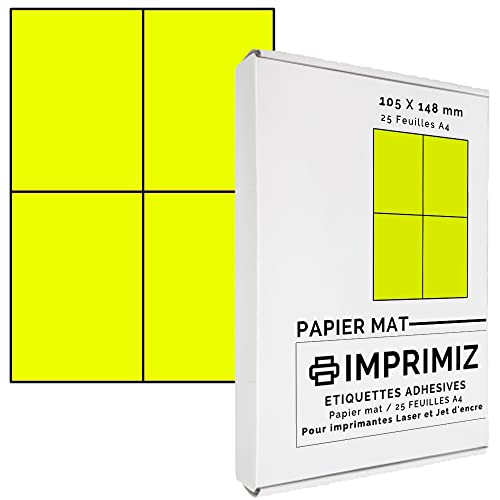 100 selbstklebende Etiketten neongelb von 105 x 148,5 mm - 4 Etiketten/Blatt - 25 Blatt A4 / Papier matt - Farbe - Für Inkjet/Laser/Kopier Drucker - Etiketten farbig von Imprimiz