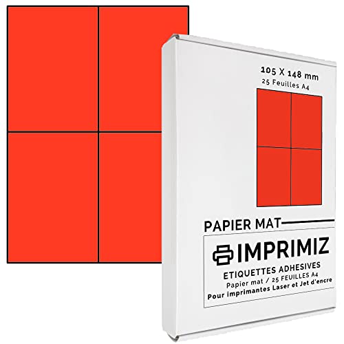 100 selbstklebende Etiketten rot Neon von 105 x 148,5 mm - 4 Etiketten/Blatt - 25 Blatt A4 / Papier matt - Farbe - Für Inkjet/Laser/Kopier Drucker - Etiketten farbig von Imprimiz