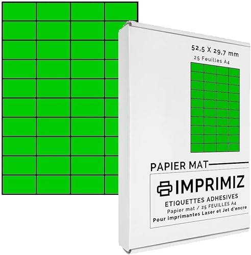 1000 selbstklebende Etiketten grün neon-52,5 x 29,7 mm - 40 Etiketten/Blatt - 25 Blatt A4 / Papier matt - Farbe - Für Inkjet/Laser/Kopier Drucker - Etiketten farbig von Imprimiz
