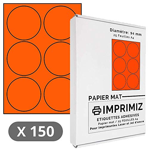 150 selbstklebende Etiketten, Neonorange – Kreis/rund – Durchmesser 94 mm – 6 Etiketten pro Blatt – 25 Blatt A4 selbstklebende Farbe – für Laser- und Tintenstrahldrucker von Imprimiz