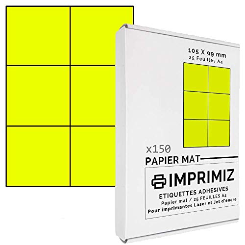 150 selbstklebende Etiketten neongelb von 105 x 99 mm - 6 Etiketten/Blatt - 25 Blatt A4 / Papier matt - Farbe - Für Inkjet/Laser/Kopier Drucker - Etiketten farbig von Imprimiz