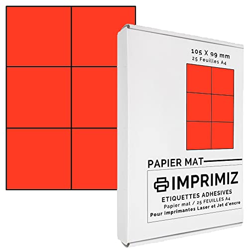 150 selbstklebende Etiketten rot Neon von 105 x 99 mm - 6 Etiketten/Blatt - 25 Blatt A4 / Papier matt - Farbe - Für Inkjet/Laser/Kopier Drucker - Etiketten farbig von Imprimiz