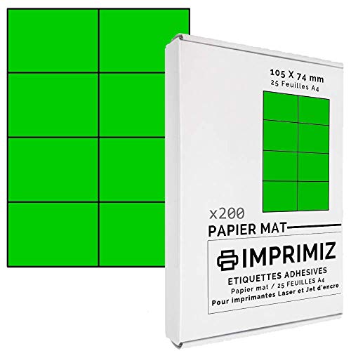 200 Selbstklebende Etiketten neon grün von 105 x 74 mm - 8 Etiketten/Blatt - 25 Blatt A4 / Papier matt - Farbe - Für Inkjet/Laser/Kopier Drucker - Etiketten farbig von Imprimiz