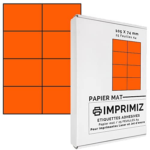 200 Selbstklebende Etiketten neon orange von 105 x 74 mm - 8 Etiketten/Blatt - 25 Blatt A4 / Papier matt - Farbe - Für Inkjet/Laser/Kopier Drucker - Etiketten farbig von Imprimiz