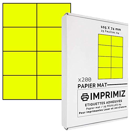 200 Selbstklebende Etiketten neongelb von 105 x 74 mm - 8 Etiketten/Blatt - 25 Blatt A4 / Papier matt - Farbe - Für Inkjet/Laser/Kopier Drucker - Etiketten farbig von Imprimiz