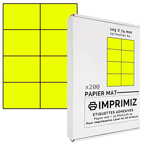 200 Selbstklebende Etiketten neongelb von 105 x 74 mm - 8 Etiketten/Blatt - 25 Blatt A4 / Papier matt - Farbe - Für Inkjet/Laser/Kopier Drucker - Etiketten farbig von Imprimiz