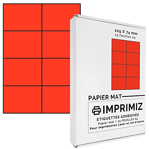 200 Selbstklebende Etiketten rot Neon von 105 x 74 mm - 8 Etiketten/Blatt - 25 Blatt A4 / Papier matt - Farbe - Für Inkjet/Laser/Kopier Drucker - Etiketten farbig von Imprimiz