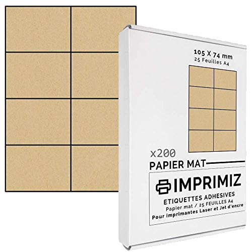 200 selbstklebende Etiketten aus natürlichem Kraftpapier, 105 x 74 mm, 8 Etiketten/Blatt, für Laser- und Tintenstrahldrucker, 25 Blatt A4 200 selbstklebende Etiketten aus natürlichem Kraftpapier, 105 x 74 mm, 8 Etiketten/Blatt, für Laser- und Tintenstrahldrucker, 25 Blatt A4 von Imprimiz