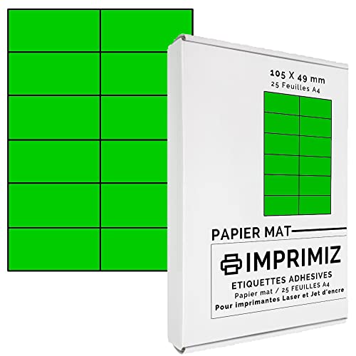 300 Selbstklebende Etiketten neon grün von 105 x 49,5 mm - 12 Etiketten/Blatt - 25 Blatt A4 / Papier matt - Farbe - Für Inkjet/Laser/Kopier Drucker - Etiketten farbig von Imprimiz