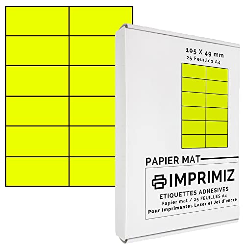 300 Selbstklebende Etiketten neongelb von 105 x 49,5 mm - 12 Etiketten/Blatt - 25 Blatt A4 / Papier matt - Farbe - Für Inkjet/Laser/Kopier Drucker - Etiketten farbig von Imprimiz