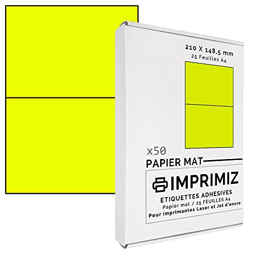 Imprimiz: 50 selbstklebende Etiketten gelb, 148,5 x 210 mm, 2 Etiketten/Blatt, 25 Blatt A4, Papier matt, für Inkjet/Laser/Kopier Drucker von Imprimiz