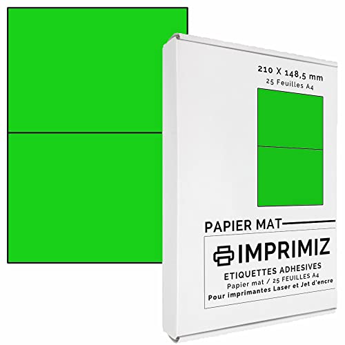 50 selbstklebende Etiketten neon grün von 148,5 x 210 mm - 2 Etiketten/Blatt - 25 Blatt A4 / Papier matt - Farbe - Für Inkjet/Laser/Kopier Drucker - Etiketten farbig von Imprimiz