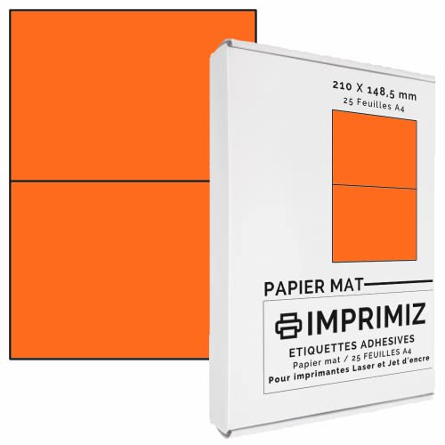 50 selbstklebende Etiketten neon orange von 148,5 x 210 mm - 2 Etiketten/Blatt - 25 Blatt A4 / Papier matt - Farbe - Für Inkjet/Laser/Kopier Drucker - Etiketten farbig von Imprimiz