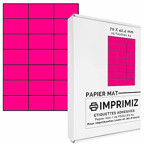 525 Selbstklebende Etiketten Neonpink von 70 x 42 mm - 21 Etiketten/Blatt - 25 Blatt A4 / Papier matt - Farbe - Für Inkjet/Laser/Kopier Drucker - Etiketten farbig von Imprimiz