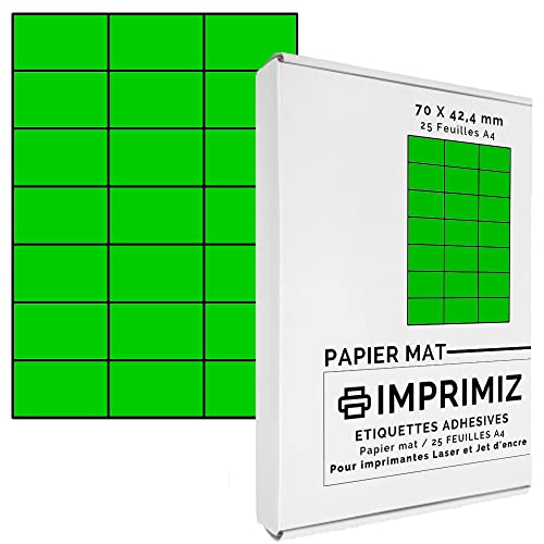 525 Selbstklebende Etiketten neon grün von 70 x 42 mm - 21 Etiketten/Blatt - 25 Blatt A4 / Papier matt - Farbe - Für Inkjet/Laser/Kopier Drucker - Etiketten farbig von Imprimiz