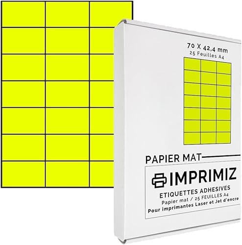 525 Selbstklebende Etiketten neongelb von 70 x 42 mm - 21 Etiketten/Blatt - 25 Blatt A4 / Papier matt - Farbe - Für Kunstdruck Laser und Tintenstrahldrucker von Imprimiz