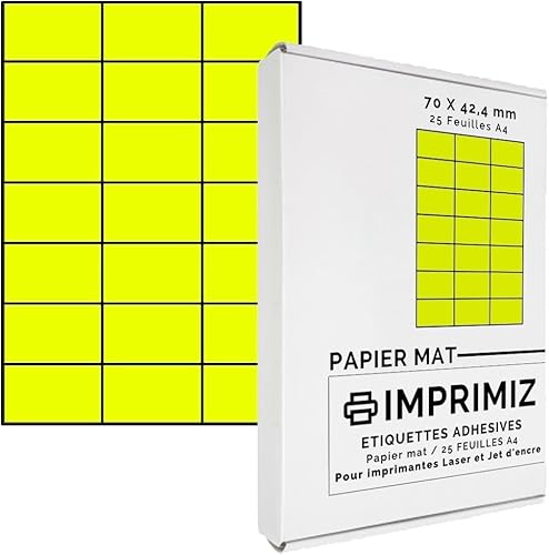525 Selbstklebende Etiketten neongelb von 70 x 42 mm - 21 Etiketten/Blatt - 25 Blatt A4 / Papier matt - Farbe - Für Kunstdruck Laser und Tintenstrahldrucker 525 Selbstklebende Etiketten neongelb von 70 x 42 mm - 21 Etiketten/Blatt - 25 Blatt A4 / Papier matt - Farbe - Für Kunstdruck Laser und Tintenstrahldrucker von Imprimiz