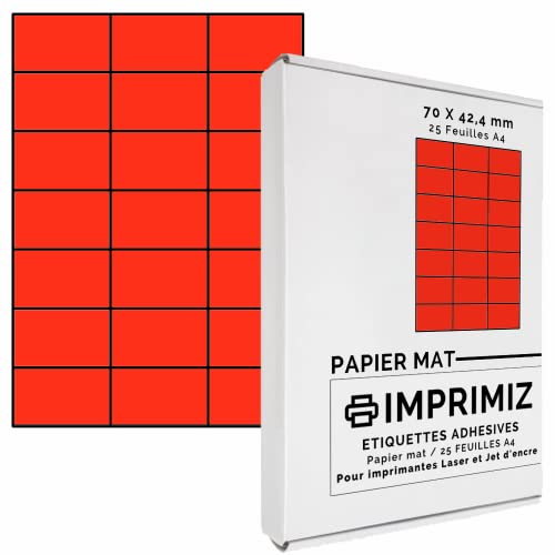 525 Selbstklebende Etiketten rot Neon von 70 x 42 mm - 21 Etiketten/Blatt - 25 Blatt A4 / Papier matt - Farbe - Für Inkjet/Laser/Kopier Drucker - Etiketten farbig 525 Selbstklebende Etiketten rot Neon von 70 x 42 mm - 21 Etiketten/Blatt - 25 Blatt A4 / Papier matt - Farbe - Für Inkjet/Laser/Kopier Drucker - Etiketten farbig von Imprimiz