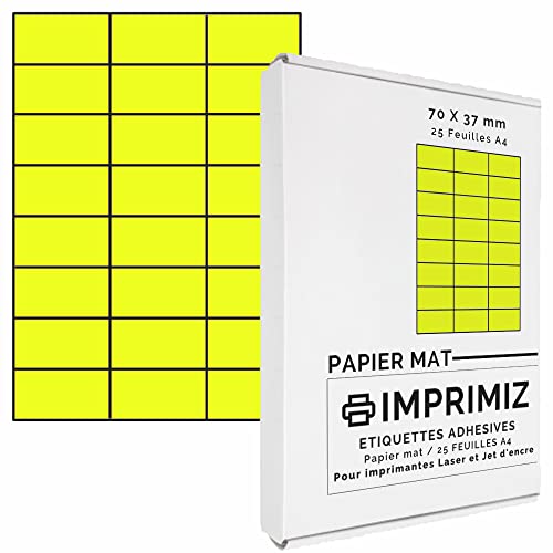 600 Selbstklebende Etiketten Neon Gelb von 70 x 37 mm - 24 Etiketten/Blatt - 25 Blatt A4 / Papier matt - Farbe - Für Inkjet/Laser/Kopier Drucker - Etiketten farbig von Imprimiz