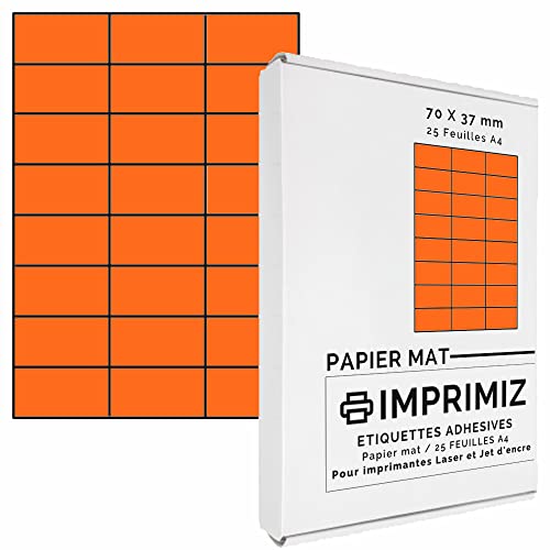 600 Selbstklebende Etiketten neon orange von 70 x 37 mm - 24 Etiketten/Blatt - 25 Blatt A4 / Papier matt - Farbe - Für Kunstdruck Laser und Tintenstrahldrucker von Imprimiz