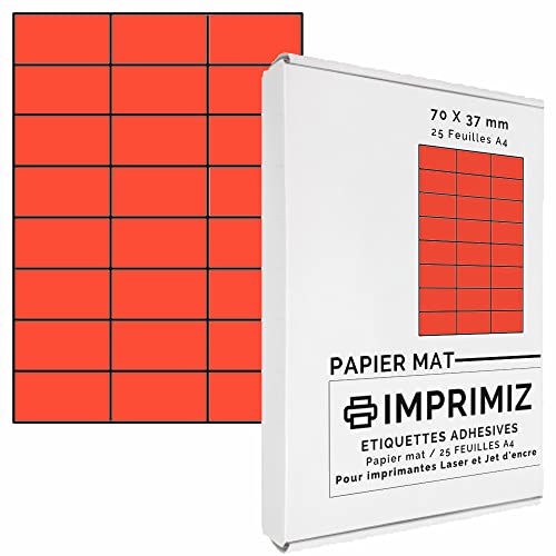 600 Selbstklebende Etiketten rot Neon von 70 x 37 mm - 24 Etiketten/Blatt - 25 Blatt A4 / Papier matt - Farbe - Für Inkjet/Laser/Kopier Drucker - Etiketten farbig von Imprimiz