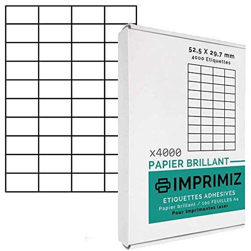 Etiquettes Adhésives Brillantes - 4000 étiquettes 52,5 X 29,7 mm - Blanc Brillant - pour imprimantes Laser - 100 Feuilles A4 autocollantes… Etiquettes Adhésives Brillantes - 4000 étiquettes 52,5 X 29,7 mm - Blanc Brillant - pour imprimantes Laser - 100 Feuilles A4 autocollantes… von Imprimiz
