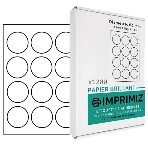 Glänzende Selbstklebeetiketten - 1200 runde Etiketten - Durchmesser 60 mm - Glänzendes weißes Papier - für Laserdrucker - 100 selbstklebende A4-Bögen von Imprimiz