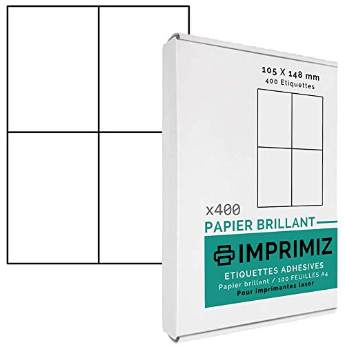 Glänzende Selbstklebeetiketten - 400 Etiketten 105 x 148 mm - Glänzendes Weiß - Für Laserdrucker - 100 selbstklebende A4-Bögen. von Imprimiz
