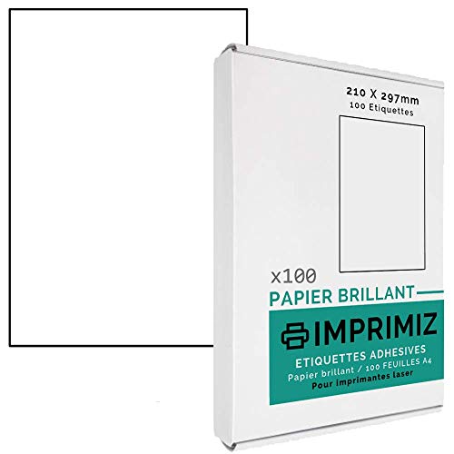 Glänzende Selbstklebeetiketten - 100 Etiketten 210 x 297 mm - Glänzendes Weiß - für Laserdrucker - 100 selbstklebende A4-Bögen von Imprimiz