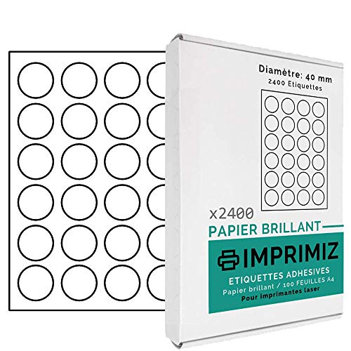 Glänzende Aufkleberetiketten - 2400 runde Etiketten - 40 mm Durchmesser - Glänzendes weißes Papier - für Laserdrucker - 100 selbstklebende A4-Bögen von Imprimiz