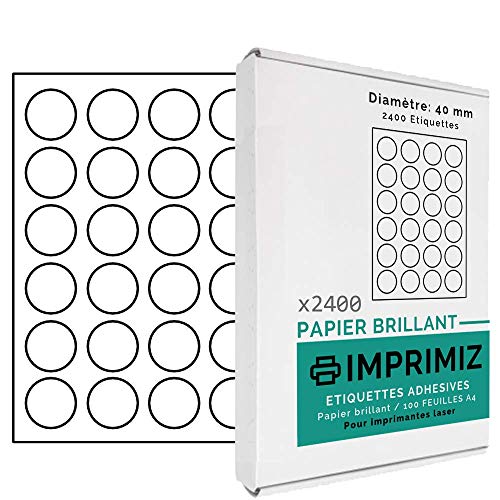 Glänzende Aufkleberetiketten - 2400 runde Etiketten - 40 mm Durchmesser - Glänzendes weißes Papier - für Laserdrucker - 100 selbstklebende A4-Bögen Glänzende Aufkleberetiketten - 2400 runde Etiketten - 40 mm Durchmesser - Glänzendes weißes Papier - für Laserdrucker - 100 selbstklebende A4-Bögen von Imprimiz