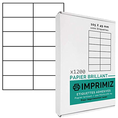 Glänzende selbstklebende Etiketten - 1200 Etiketten 105 x 49,5 mm - Glänzendes Weiß - für Laserdrucker - 100 selbstklebende A4-Bögen. von Imprimiz