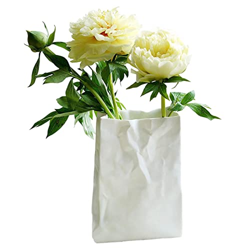 Imtrub Crinkle Papiertüte Blumenvase - Buch Blumenvase - Weiße Papiertüten-Keramikvase, einzigartige quadratische, Plissierte kleine Vasen mit breiter Öffnung für Zuhause von Imtrub