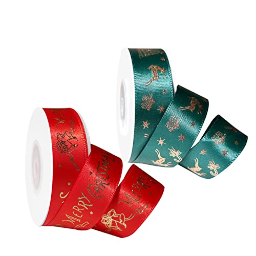 InJolly Schleifenband Weihnachten 2 Rollen 13.7m x 20mm Insgesamt 27.4m Geschenkband Breit Satinband Dekoband Ripsband Stoffband für Weihnachten Dekoration (Rot, Grün) von InJolly