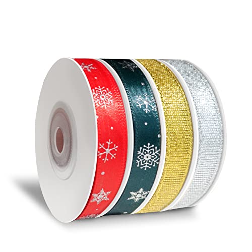 InJolly Schleifenband Weihnachten 4 Rollen 13.7m x 10mm Insgesamt 54.8m Geschenkband Satinband Dekoband Ripsband Stoffband für Weihnachten Dekoration (Rot, Grün, Gold, Silber) von InJolly