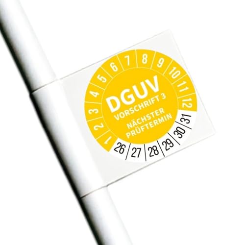 DGUV v3 Prüfplaketten - 100 Stück uvv prüfplaketten 2026-2031 - prüfplaketten 30mm - 10 Blatt - Prüfaufkleber - Nächster Prüftermin - Zwei Farben - Gelb oder Rot (Gelb) von Inae