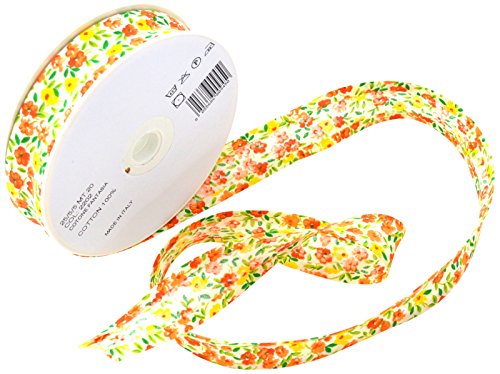 Inastri 20 m x 2,5 cm Baumwollschrägbandrolle mit orangefarbenem und gelbem Blumenmuster von Inastri