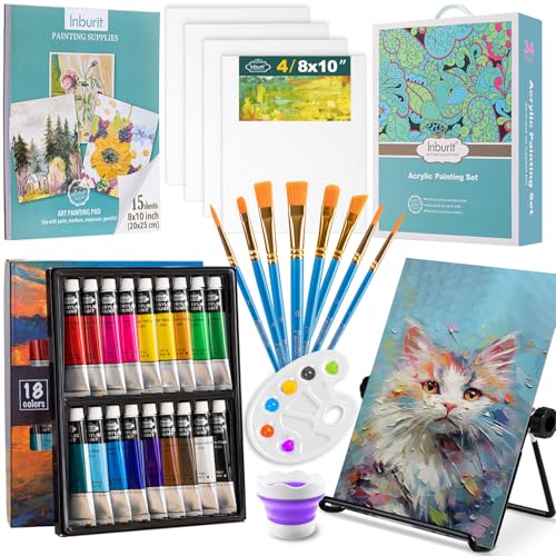 Inburit Acrylfarben Set, Leinwand zum Bemalen, Malset mit 18 Farben Acrylfarbe, 4 Leinwand, 1 Klappbare Staffelei, Acrylic Paint Set, Ideal für Canvas, Holz, Papier für Anfänger Profis von Inburit