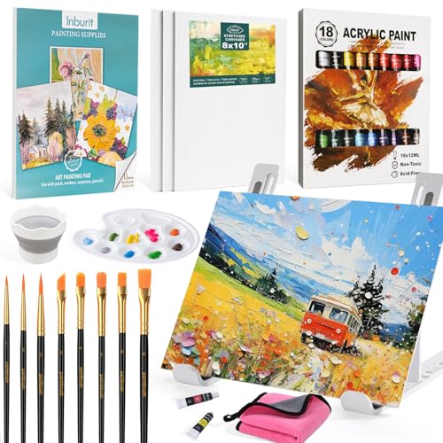 Inburit Acrylfarben-Set für Kinder, Kunstmalerei-Set mit 18 Acrylfarben, 8 Pinseln, 3 Leinwänden, 1 Zeichenblock, Staffelei, Palette usw., ideales Geschenk für Schüler und Anfänger von Inburit