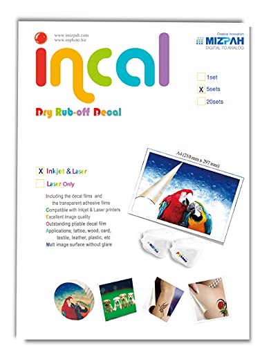 [Incal] Trockene Abziehfolie für Tintenstrahldrucker: 5 Sets, A4 (21 x 29,7 cm) – Premium bedruckbar, trocken einreiben, DIY, Hobby, Handwerk, individuelle Übertragung von Incal