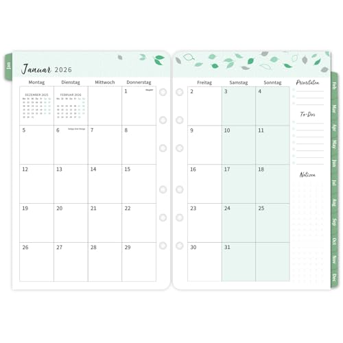 2026 Wochenplaner Einlage A5, 1 Woche 2 Seiten mit Tabs, Monatliche Seite 14x21cm, Kalendereinlagen 6 Löcher, Doppelfarbiges Design von Indeme