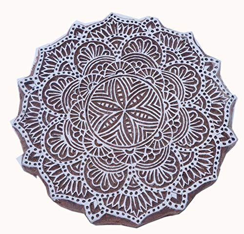 Handgeschnitzter Mandala-Holzstempel, indischer Textilstoff-Bordüre, 12,7 cm von Indian Fashion Hut