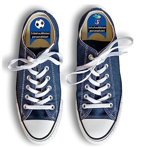 INDIGOS UG® Namensaufkleber für Schuhe ab 6 Stück - blau - individuell personalisierte Etiketten links rechts - zweifarbige Aufkleber für Schuhe mit Wunschtext - 100 Motive von Indigos