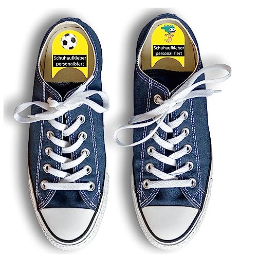 INDIGOS UG Namensaufkleber Kinder Schule für Schuhe ab 6 Stück - gelb - Namensschilder links rechts - zweifarbige Sticker zum Lernen mit Wunschtext personalisiert - 100 Motive von Indigos