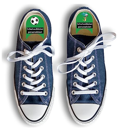 INDIGOS UG® Namensaufkleber für Schuhe ab 6 Stück - grün - individuell personalisierte Etiketten links rechts - zweifarbige Aufkleber für Schuhe mit Wunschtext - 100 Motive von Indigos