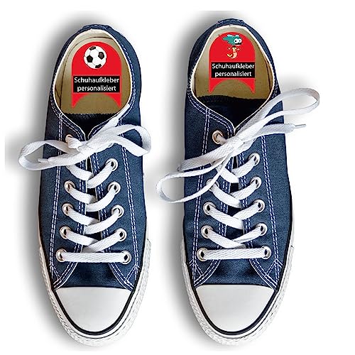 INDIGOS UG® Namensaufkleber für Schuhe ab 6 Stück - rot - individuell personalisierte Etiketten links rechts - zweifarbige Aufkleber für Schuhe mit Wunschtext - 100 Motive von Indigos